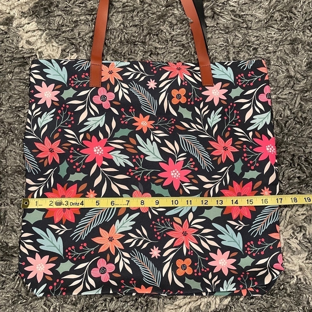 Black Brown Pink Floral Tote Bag for Work,Travel,Beach,Shopping,School - Picture 3 of 9